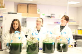 Image credit: Phyco Studio. Perle (left), Kristin (centre) and Evie (right) smile in white lab coats next to four large carboys of green algae during their lab time at Cambridge Algal Innovation Centre. In this picture they are learning different ways of growing and harvesting algae in larger settings.